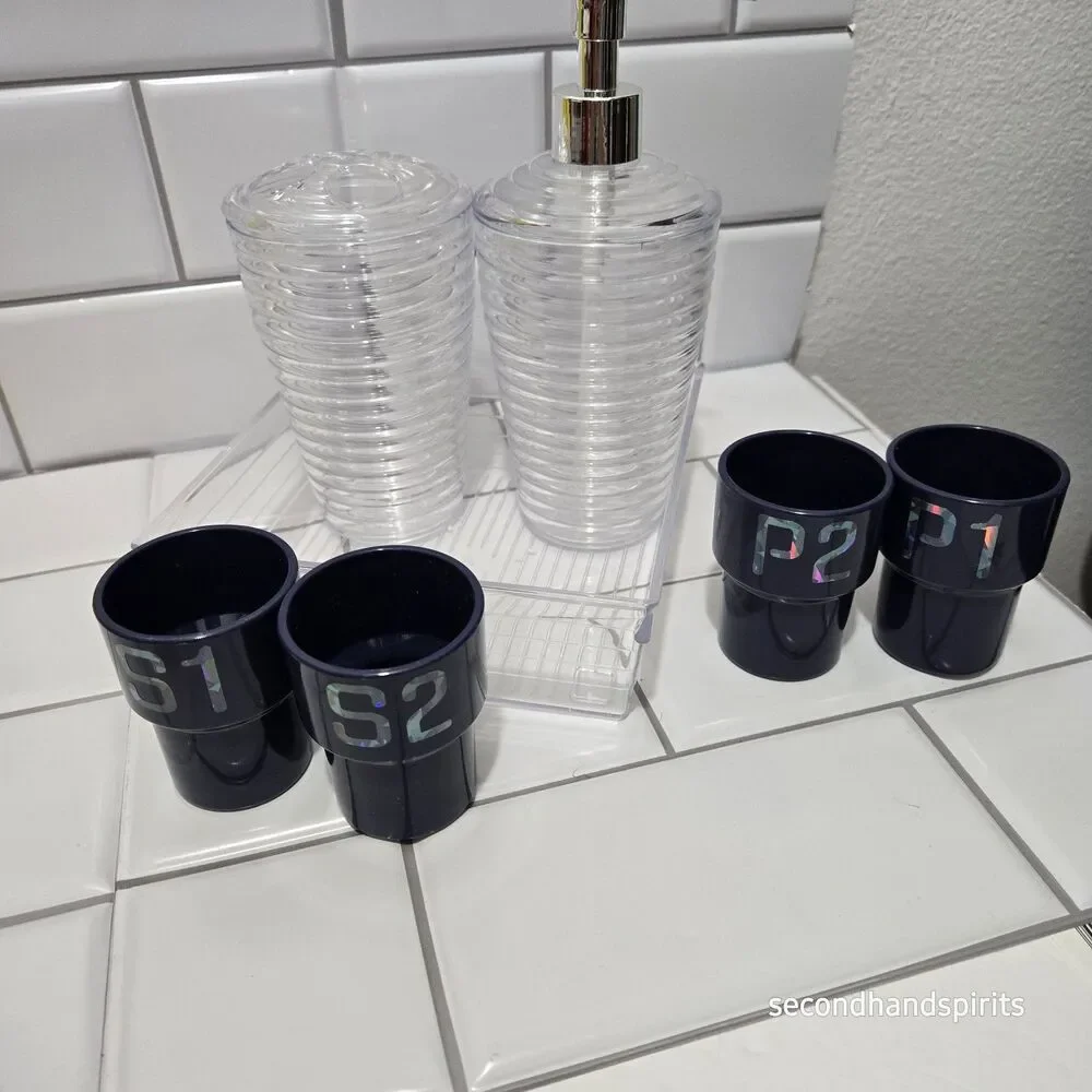 Bathroom Set Family Rinse Cups – Gender Neutral Labels P1 P2 S1 S2, Navy Blue
